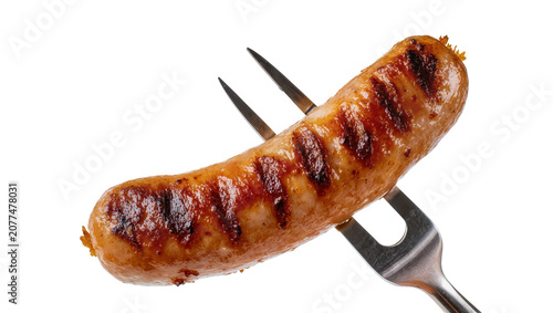 Foto Grilled sausage on a fork with grill marks