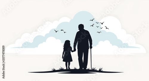 Minimalist vector silhouette depicting an elderly grandfather with a walking cane and his young granddaughter holding hands outdoors against a backdrop of stylized clouds and birds.