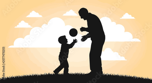 Vector illustration of a grandfather and grandson silhouette playing catch with a ball in a grassy field. Features a warm sunset background with stylized white clouds.
