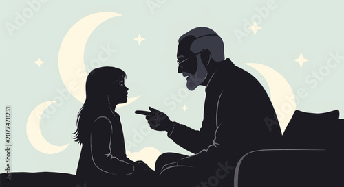 Minimalist vector silhouette of an elderly grandfather with glasses talking to his young granddaughter against a light blue background with crescent moons and stylized stars.