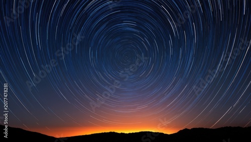 Star trails create circular patterns against a dark sky with glowing horizon