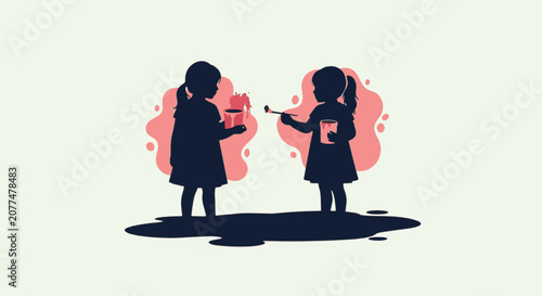 Silhouette illustration of two young girls engaged in a creative painting activity with pink paint splashes and cans. Minimalist artistic depiction of childhood friendship and art.