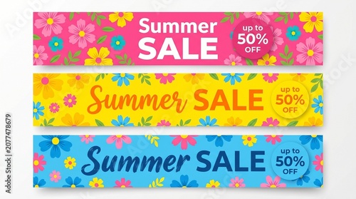 Set of three summer sale banners with floral patterns and 50 percent off discount labels