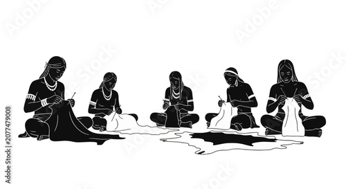 Black and white silhouette illustration of five ancient indigenous women sitting on the ground, engaged in communal sewing and stitching of animal skins and traditional textiles.