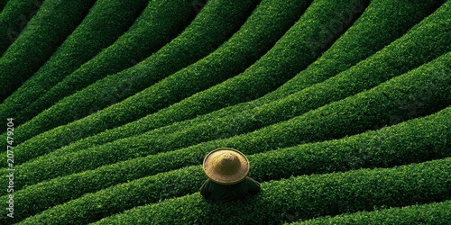 A solitary farmer walks through lush, undulating green tea fields