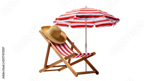 Εκτύπωση καμβά Striped deck chair with straw hat and beach umbrella