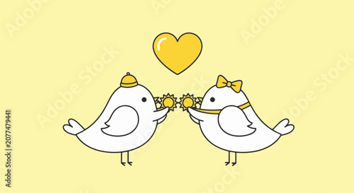 Minimalist vector illustration featuring two white cartoon birds facing each other with a yellow heart above, wearing a small hat and bow, isolated on a pale yellow background.