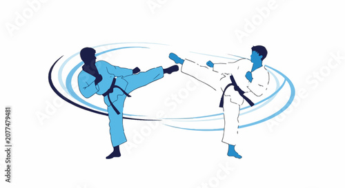Vector illustration of two Taekwondo martial arts athletes in blue silhouettes with black belts, performing high kicks and sparring moves with circular motion lines on white.