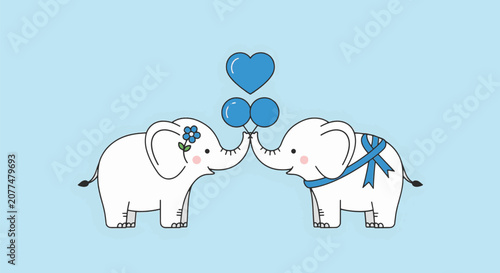 Minimalist vector illustration of two white cartoon elephants facing each other, holding blue heart and round balloons with trunks, adorned with a blue flower and ribbon.