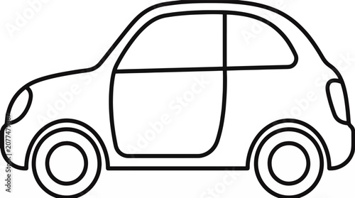 Simple line art illustration of a compact city car or hatchback, featuring a minimalist black outline drawing of a vehicle profile isolated on a plain white background for design.