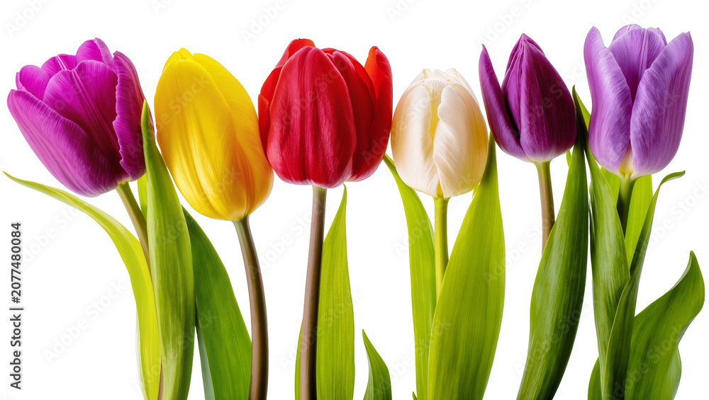 Obraz premium Six colorful tulips purple yellow red white, and violet