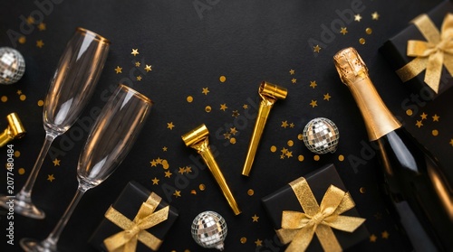 Celebration background with champagne, glasses, and gift boxes