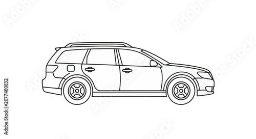 Minimalist black line art illustration of a modern station wagon car from a side profile view, featuring roof rails and alloy wheels, isolated on a plain white background.