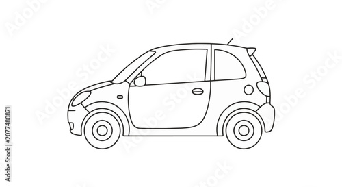 Minimalist black and white line art illustration of a compact two-door hatchback city car viewed from the side, isolated on a plain white background for coloring or design.