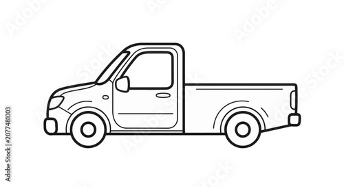 Minimalist black line art vector illustration of a small pickup truck seen from a side profile perspective on a plain white background for coloring or design projects.