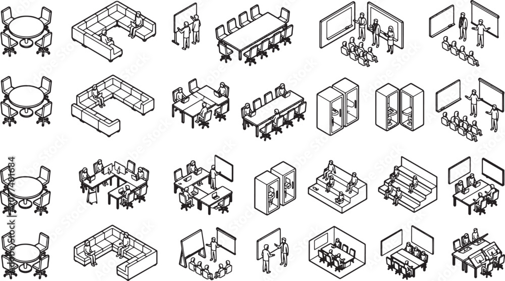 Fototapeta premium Isometric office meeting room icons set with business people collaborating in various corporate workspace furniture layouts vector