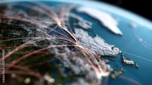 arctic shipping routes, map shows global shipping routes converging in arctic, shining trade lines, digital overlay, futuristic editorial style