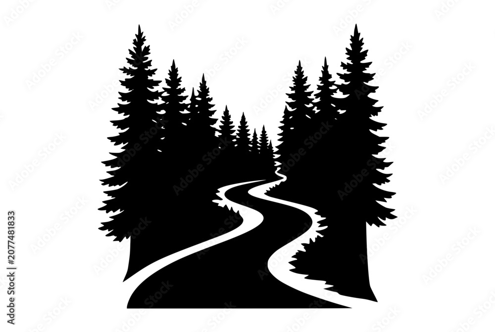 Fototapeta premium Winding forest road through pine trees silhouette illustration