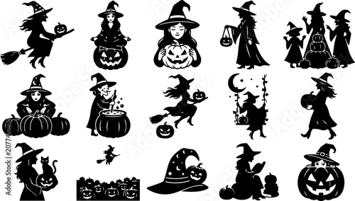 Halloween witch and pumpkin silhouettes collection for seasonal designs