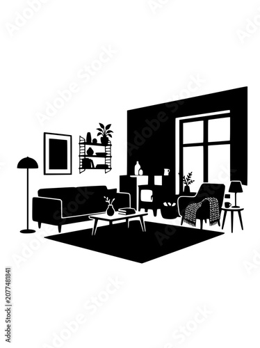 Modern Minimalist Living Room Interior Silhouette Vector Illustration