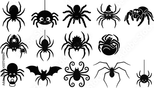 Black spider collection halloween designs vector illustrations and creepy crawly graphics