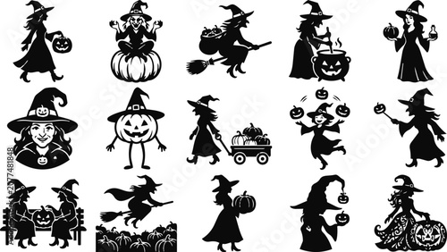 Halloween witch and pumpkin silhouettes collection for seasonal designs