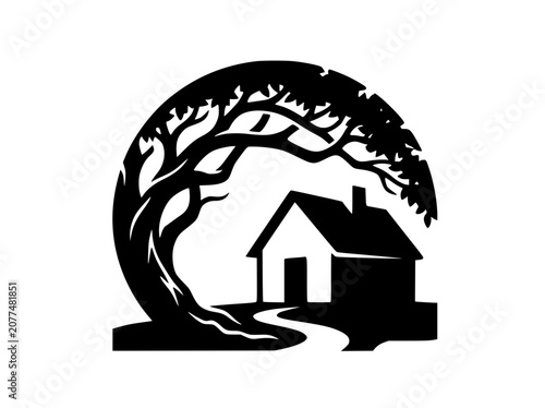 Silhouette of a house under a large spreading tree vector illustration