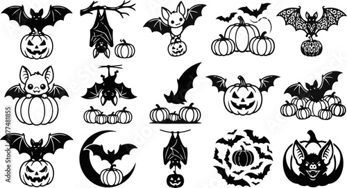 Halloween bat and pumpkin collection black and white vector graphics