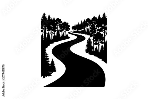 Winding road through a forest silhouette vector illustration