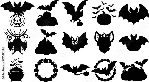 Halloween silhouettes collection bats pumpkins cauldrons and spooky decorations