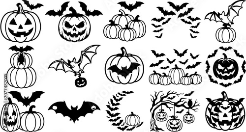Halloween pumpkin and bats silhouette graphic for seasonal designs