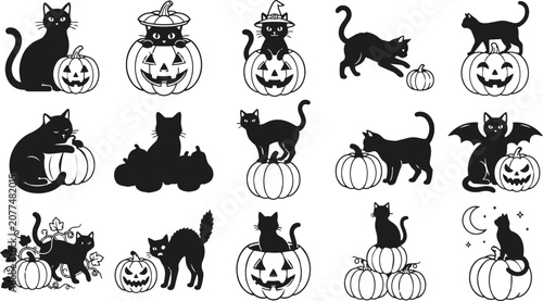 Halloween black cats and pumpkins vector collection for seasonal designs
