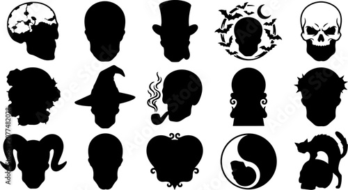 Variety of black and white skull illustrations with diverse thematic elements
