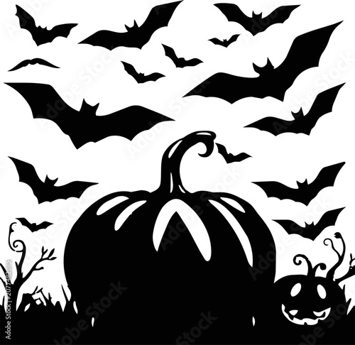 Halloween pumpkin with bats silhouette vector illustration