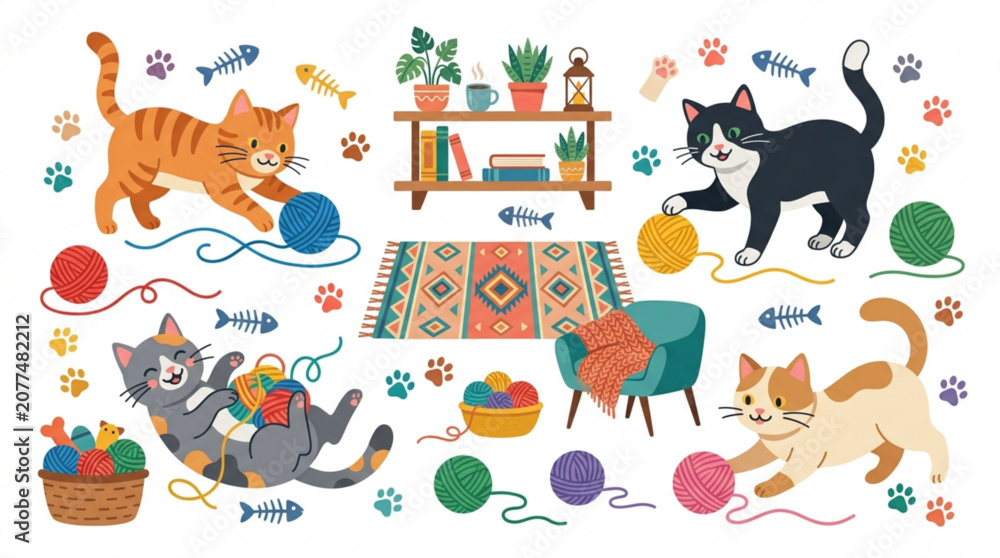 Fototapeta premium Cats play with yarn balls in a cozy living room setting