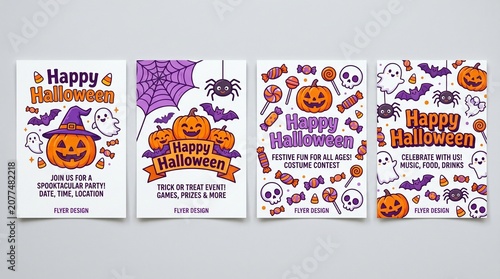 Set of happy halloween party flyers with cute pumpkins, ghosts, bats, spiders and candy illustrations