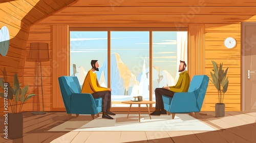 A professional coaching session in a calm, minimalist room, capturing a supportive conversation between a mentor and client focused on personal growth.