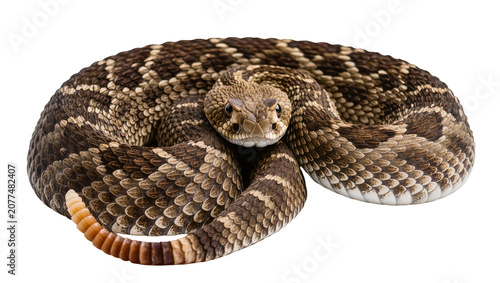 Принти на полотні Coiled Western Diamondback Rattlesnake with detailed scales and rattle