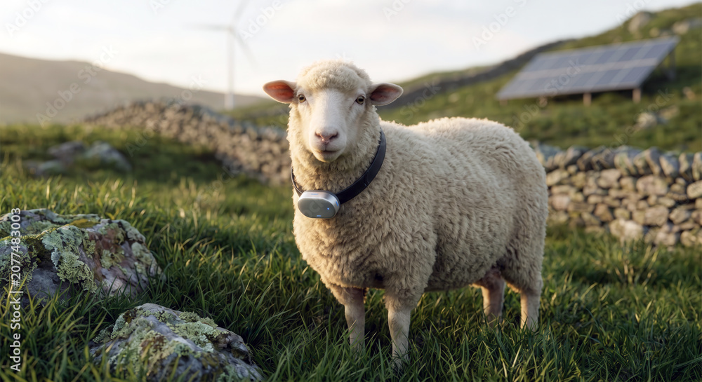 Obraz premium Sheep wearing a smart health collar in a green hillside pasture with solar panels and wind energy behind.