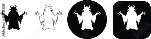 Cuadro en lienzo Monster creature with horns and shaggy fur, displayed in solid black, outline, c