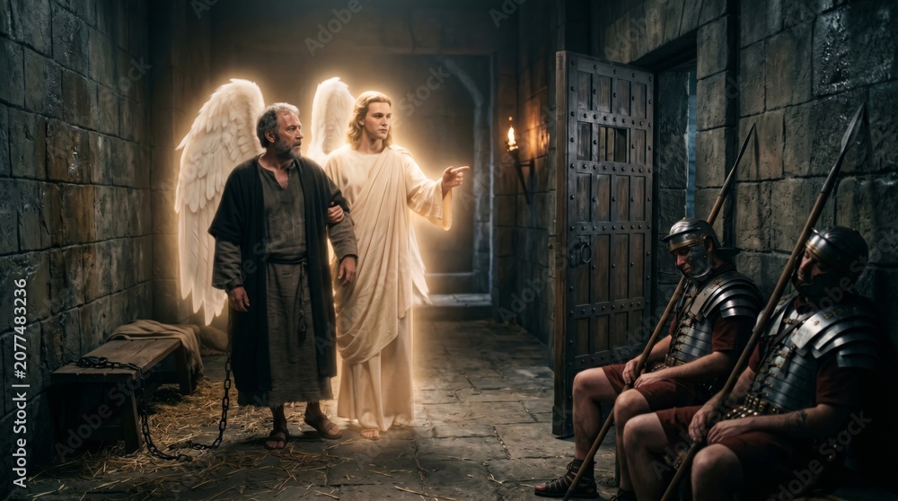 Fototapeta premium Angel leading an apostle out of a prison cell past sleeping roman soldiers. Biblical scene depicting the liberation of Peter. Miracle, faith, divine intervention, and religious story.