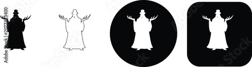 Bild auf Leinwand Wizard character with antlers and open arms, presented in solid black, outline,