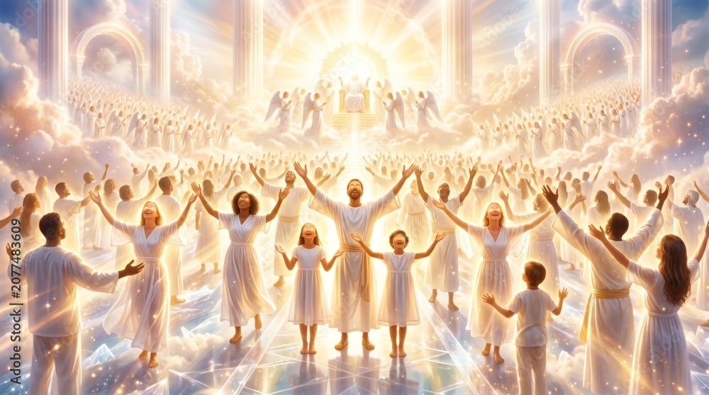 Fototapeta premium Diverse group of man, woman and child worshipping in heaven. Multitude of people in white clothing joyful in sacred celestial space. Religious concept of afterlife and salvation.