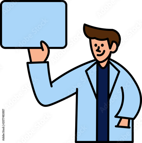 Smiling doctor holding blank sign, medical professional in lab coat