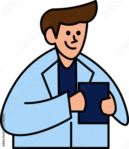 Smiling doctor holding clipboard, Medical professional in blue lab coat