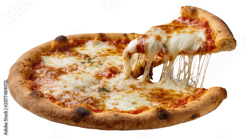 Gooey cheese stretching from a slice of margherita pizza