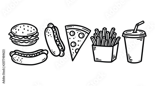 Food vector collection of fast food icons sketch illustration
