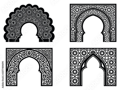 Photos Intricate Islamic geometric archways with decorative patterns.