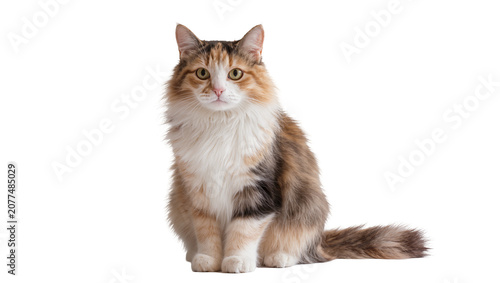 Photos Fluffy calico cat with long fur sitting and looking forward