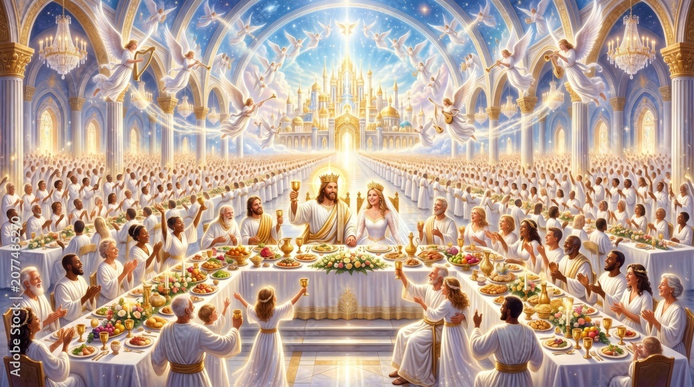 Fototapeta premium Jesus and woman sitting at marriage supper of the lamb in heaven. Group of people eating together in spiritual feast. Religious celebration, eternal life and divine banquet concept.